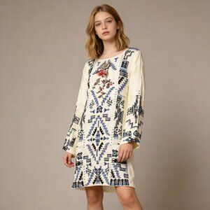 NWOT Johnny Was Biya Floral Embroidered Long Sleeves Dress Boho Cream Size S